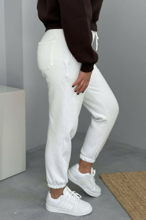 SIMPLE ELASTIC WAIST LACINGS FLUFFY WOMEN JOGGERS WHITE-E BARDHE - 3