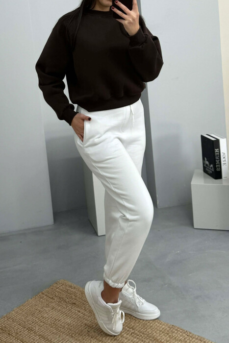 SIMPLE ELASTIC WAIST LACINGS FLUFFY WOMEN JOGGERS WHITE-E BARDHE - 4