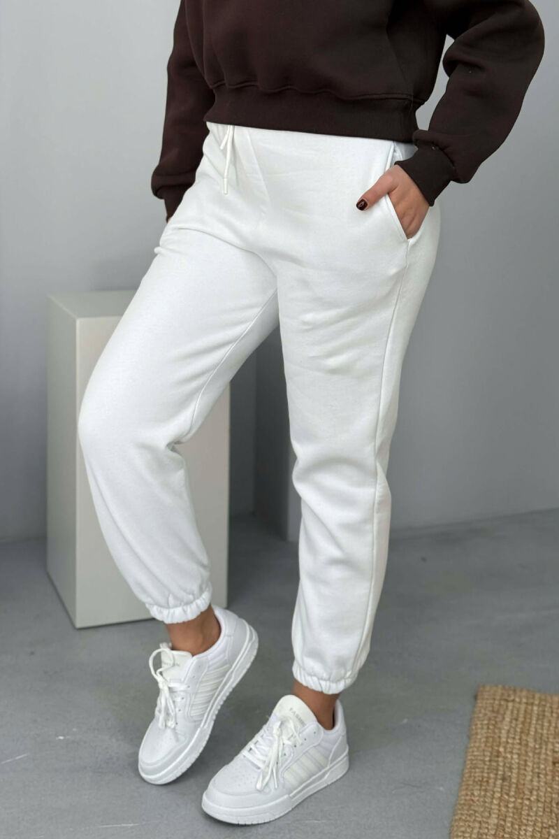 SIMPLE ELASTIC WAIST LACINGS FLUFFY WOMEN JOGGERS WHITE-E BARDHE - 5