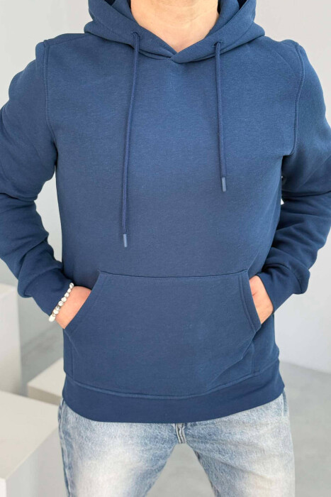 SIMPLE FLUFFY MEN HOODIE IN BLUE COLOR - 1