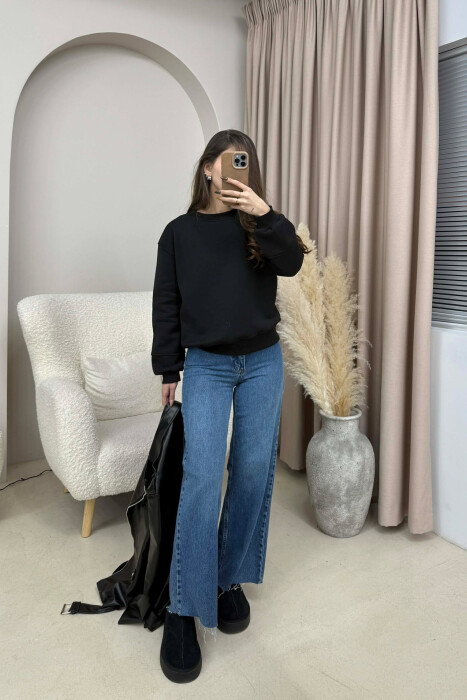 SIMPLE FLUFFY ONE COLOR COTTON WOMAN SWEATSHIRT BLACK/ E ZEZE - KLAUDIO FASHION