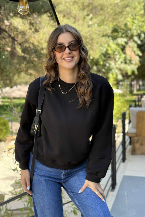SIMPLE FLUFFY ONE COLOR COTTON WOMAN SWEATSHIRT BLACK/ E ZEZE 