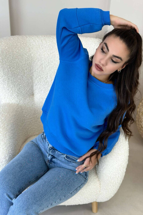 SIMPLE FLUFFY ONE COLOR COTTON WOMAN SWEATSHIRT BLUE/BLU - 3