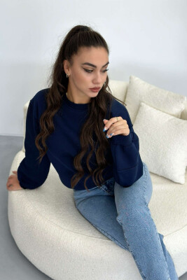 SIMPLE FLUFFY ONE COLOR COTTON WOMAN SWEATSHIRT DARK BLUE/BEE 