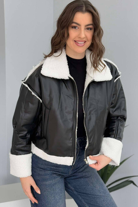 SIMPLE FLUFFY WOMEN JACKET BLACK-WHITE/ZB - 5