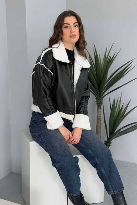 SIMPLE FLUFFY WOMEN JACKET BLACK-WHITE/ZB - 7