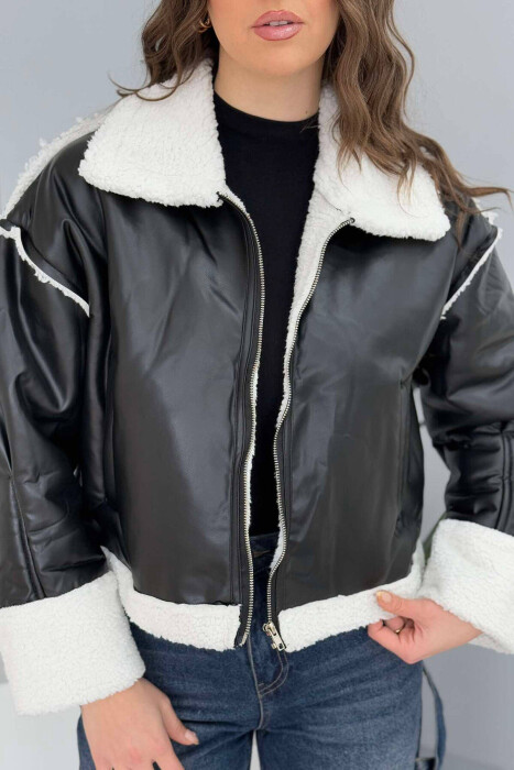 SIMPLE FLUFFY WOMEN JACKET BLACK-WHITE/ZB - 8