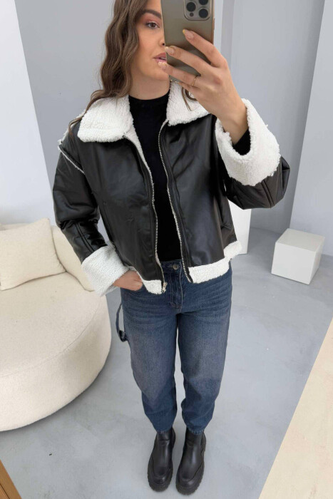 SIMPLE FLUFFY WOMEN JACKET BLACK-WHITE/ZB - 9