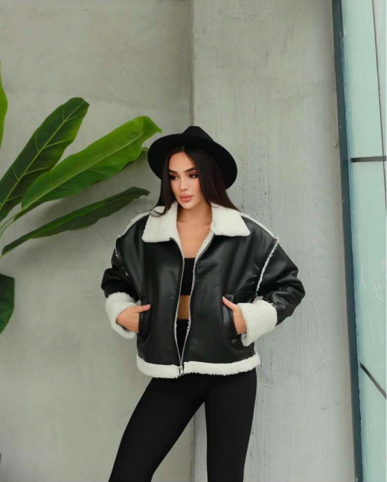 SIMPLE FLUFFY WOMEN JACKET BLACK-WHITE/ZB - 2