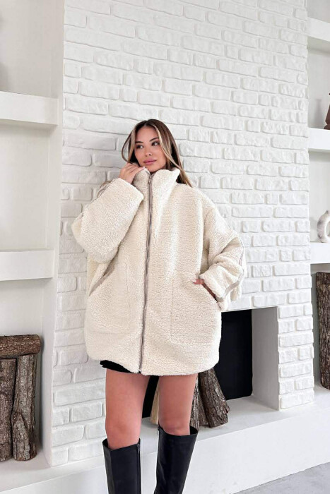 SIMPLE FLUFFY WOMEN JACKET CREAM/KREM - 6