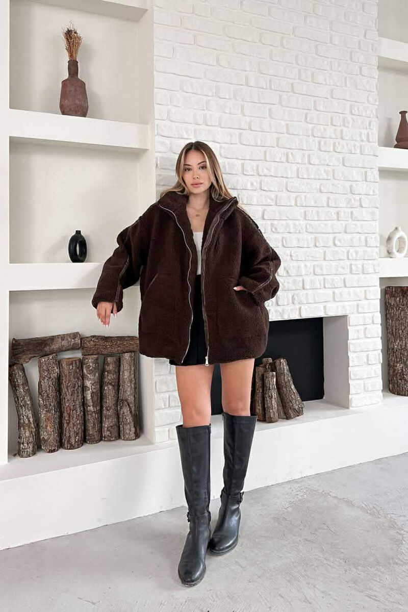 SIMPLE FLUFFY WOMEN JACKET DARK BROWN/KAE - 1