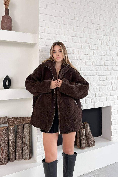 SIMPLE FLUFFY WOMEN JACKET DARK BROWN/KAE - 7