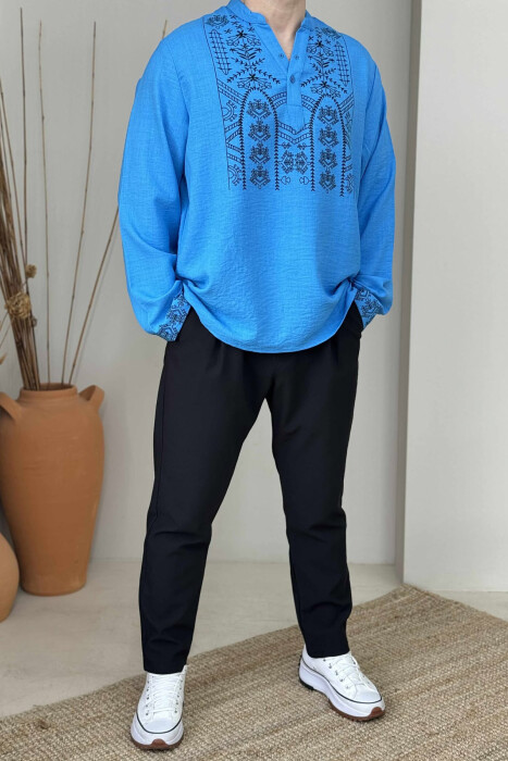 SIMPLE FRONT DESIGN BUTTONED NECK MEN SWEATSHIRT BLUE/BLU 