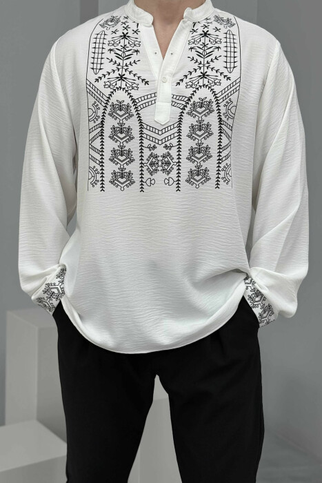 SIMPLE FRONT DESIGN BUTTONED NECK MEN SHIRT WHITE-E BARDHE - 3