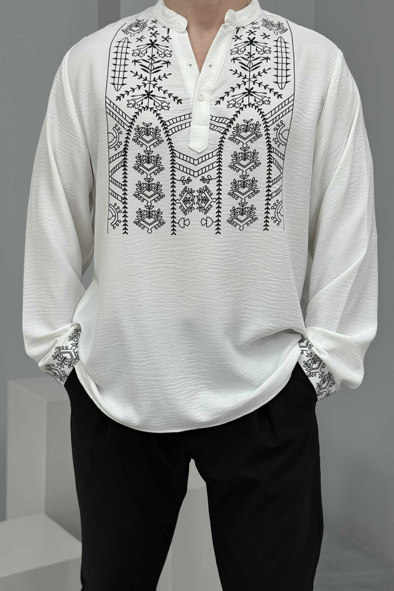 SIMPLE FRONT DESIGN BUTTONED NECK MEN SHIRT WHITE-E BARDHE - 3