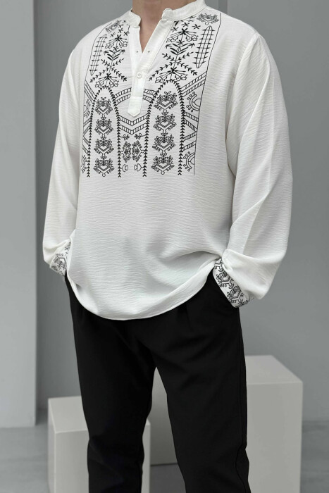 SIMPLE FRONT DESIGN BUTTONED NECK MEN SHIRT WHITE-E BARDHE - 4