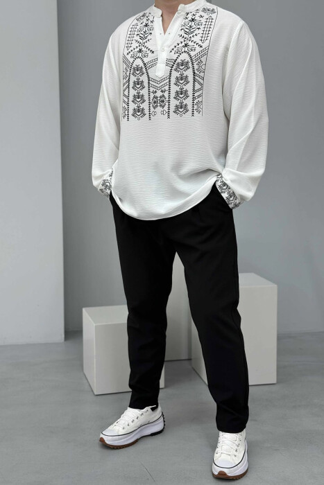 SIMPLE FRONT DESIGN BUTTONED NECK MEN SWEATSHIRT WHITE-E BARDHE 