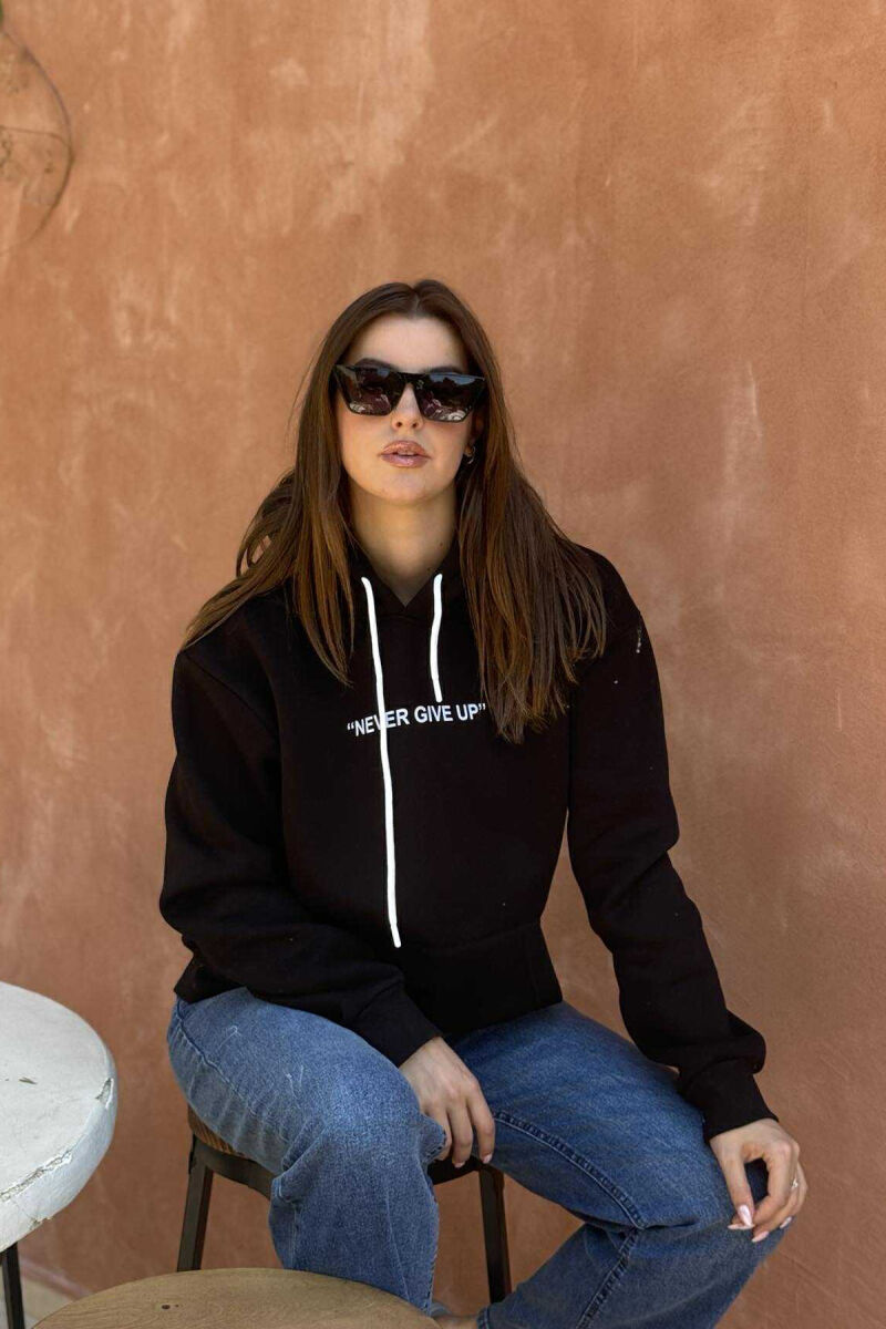 SIMPLE FRONT WRITTING FLUFFY WOMEN HOODIE BLACK/ E ZEZE - 2