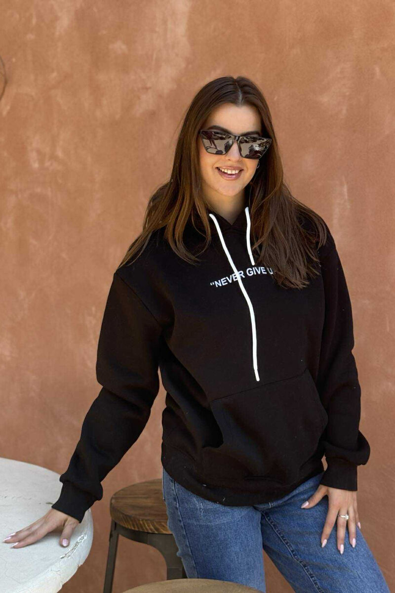 SIMPLE FRONT WRITTING FLUFFY WOMEN HOODIE BLACK/ E ZEZE - 3