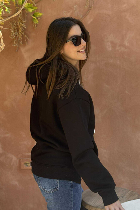 SIMPLE FRONT WRITTING FLUFFY WOMEN HOODIE BLACK/ E ZEZE - 4