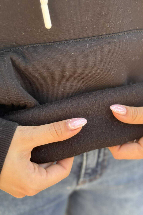 SIMPLE FRONT WRITTING FLUFFY WOMEN HOODIE BLACK/ E ZEZE - 5