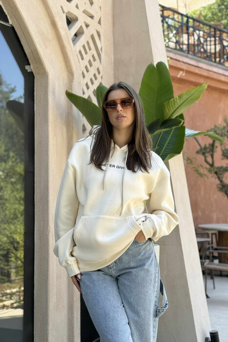 SIMPLE FRONT WRITTING FLUFFY WOMEN HOODIE CREAM/KREM 