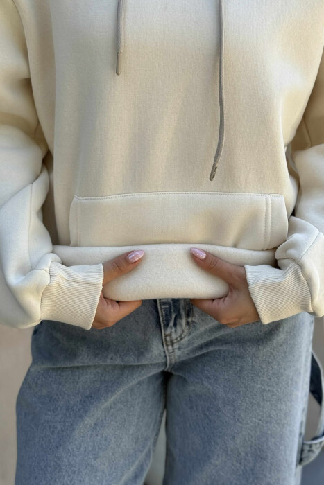 SIMPLE FRONT WRITTING FLUFFY WOMEN HOODIE CREAM/KREM - 6