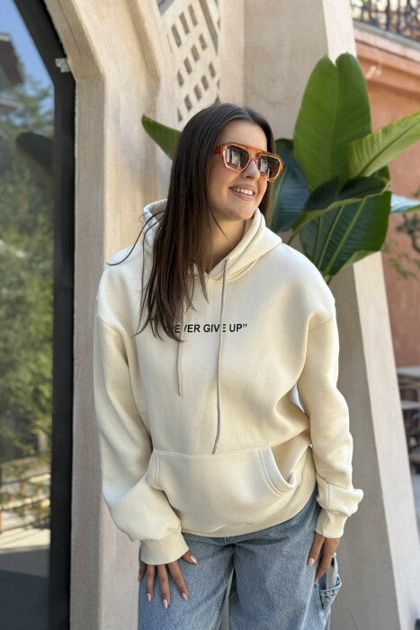 SIMPLE FRONT WRITTING FLUFFY WOMEN HOODIE CREAM/KREM - 3