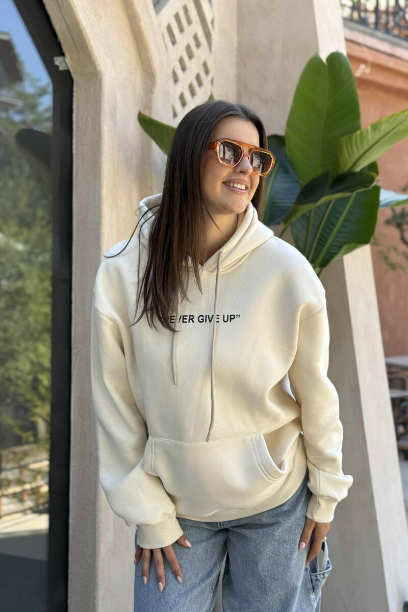 SIMPLE FRONT WRITTING FLUFFY WOMEN HOODIE CREAM/KREM - 3