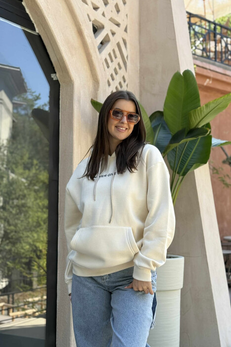 SIMPLE FRONT WRITTING FLUFFY WOMEN HOODIE CREAM/KREM - 2