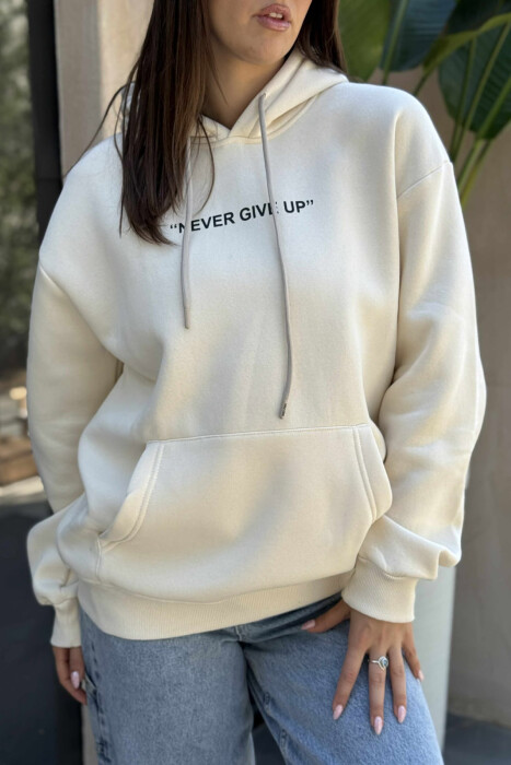 SIMPLE FRONT WRITTING FLUFFY WOMEN HOODIE CREAM/KREM - 5