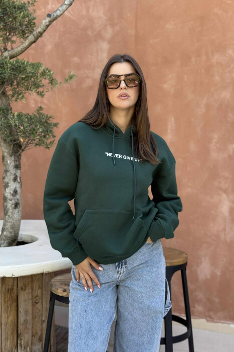 SIMPLE FRONT WRITTING FLUFFY WOMEN HOODIE GREEN/JESHILE - 1