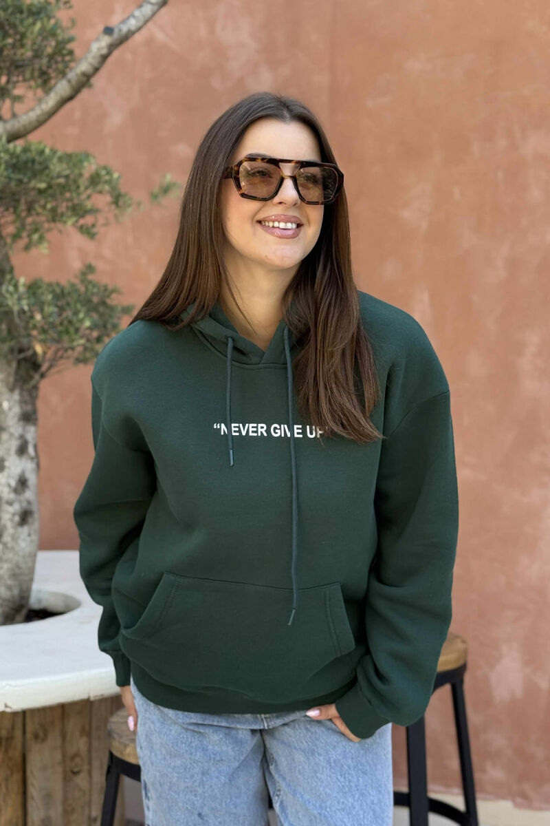 SIMPLE FRONT WRITTING FLUFFY WOMEN HOODIE GREEN/JESHILE - 2