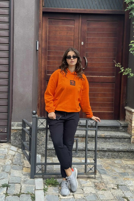 SIMPLE FRONT WRITTING HOODIE+JOGGERS WOMEN SET ORANGE+BLACK/POZE - 6