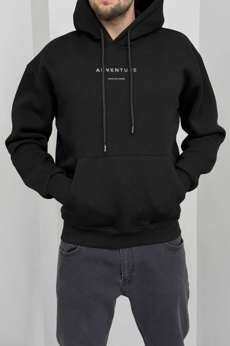 SIMPLE FRONT WRITTINGS FLUFFY MEN HOODIE BLACK/ E ZEZE - 2
