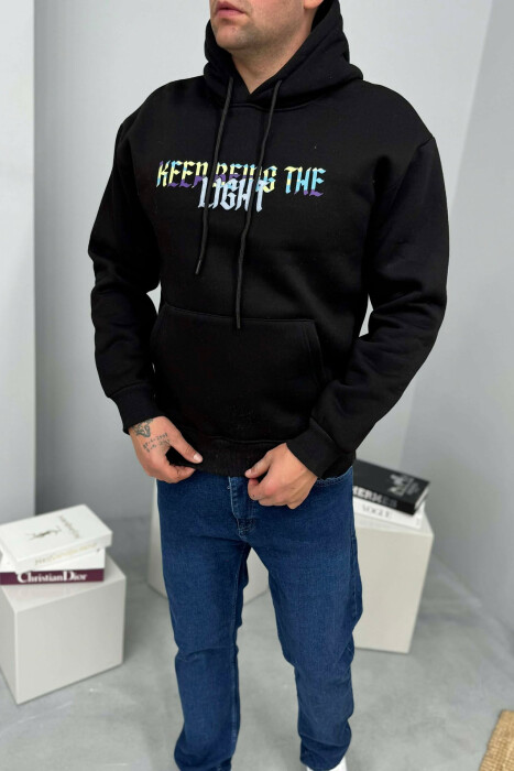 SIMPLE FRONT WRITTINGS FLUFFY MEN HOODIE BLACK/ E ZEZE - 