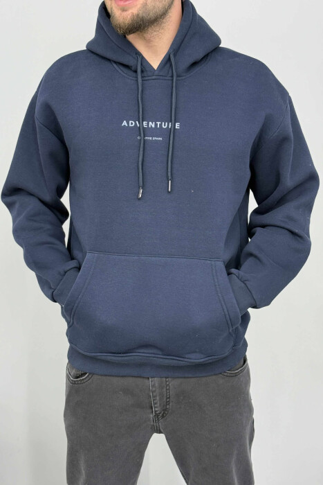 SIMPLE FRONT WRITTINGS FLUFFY MEN HOODIE DARK BLUE/BEE 
