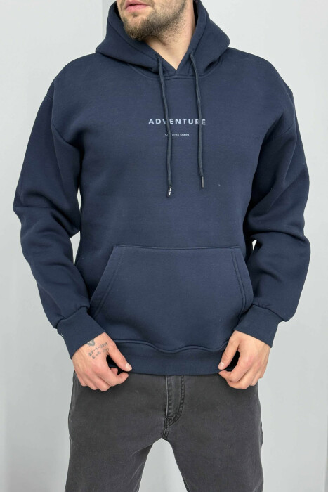SIMPLE FRONT WRITTINGS FLUFFY MEN HOODIE DARK BLUE/BEE - 2