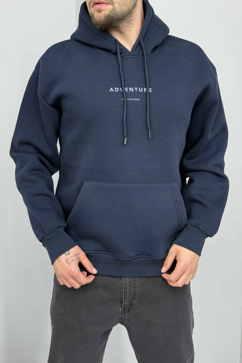 SIMPLE FRONT WRITTINGS FLUFFY MEN HOODIE DARK BLUE/BEE - 2