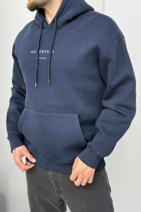 SIMPLE FRONT WRITTINGS FLUFFY MEN HOODIE DARK BLUE/BEE - 3