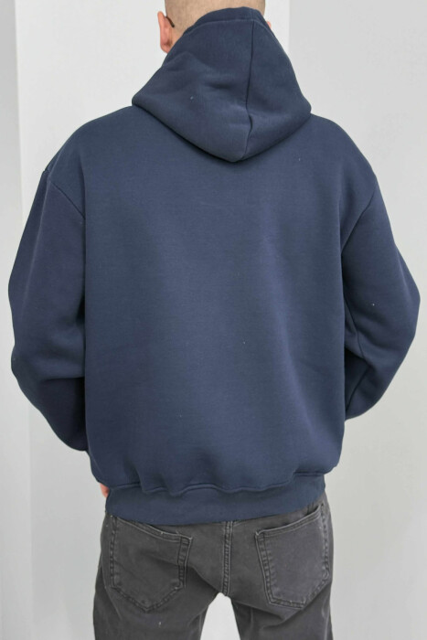 SIMPLE FRONT WRITTINGS FLUFFY MEN HOODIE DARK BLUE/BEE - 5