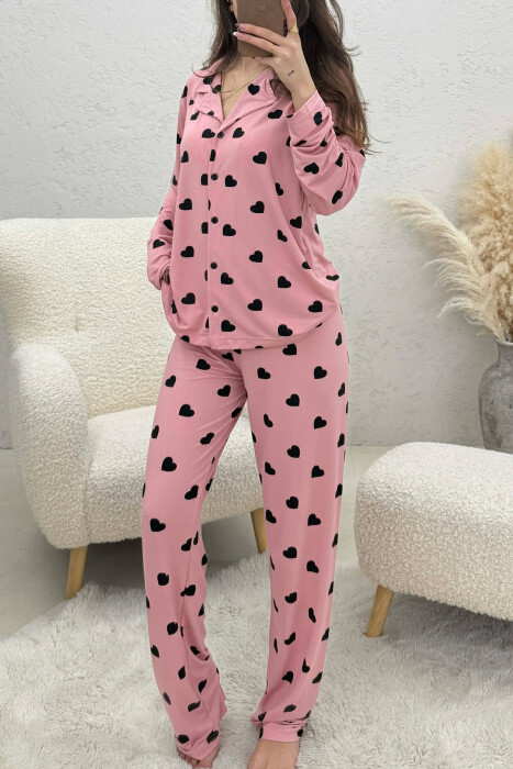 SIMPLE HEARTS DESIGN SHIRT+TROUSERS WOMEN PYJAMAS POWDER/PUDER - KLAUDIO FASHION
