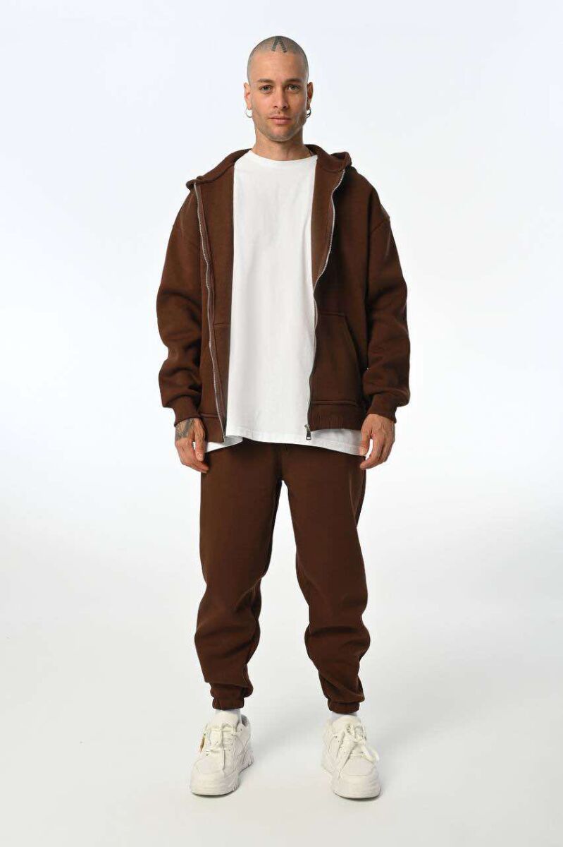 SIMPLE HOODED MEN FLUFFY SET BROWN/KAFE - 1