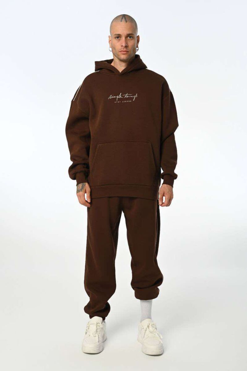 SIMPLE HOODED MEN FLUFFY SET BROWN/KAFE - 1