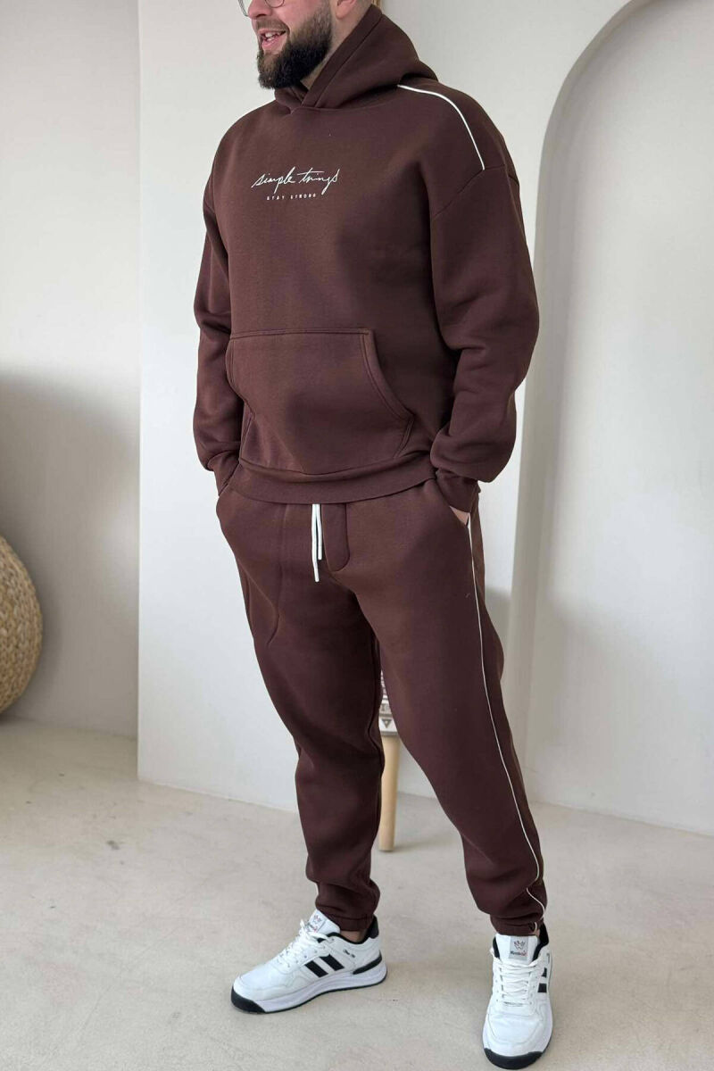 SIMPLE HOODED MEN FLUFFY SET BROWN/KAFE - 1