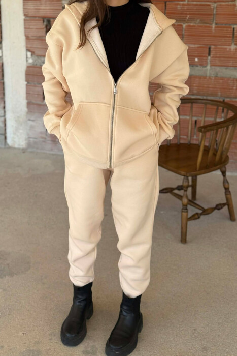 SIMPLE HOODED WOMEN FLUFFY SET CREAM/KREM 
