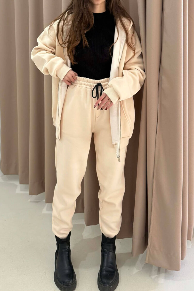 SIMPLE HOODED WOMEN FLUFFY SET CREAM/KREM - 2