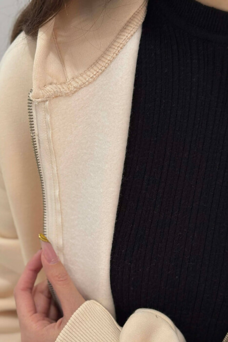 SIMPLE HOODED WOMEN FLUFFY SET CREAM/KREM - 3