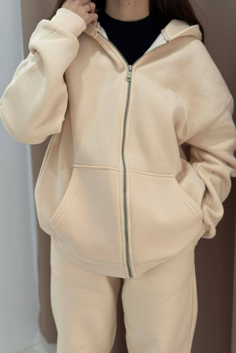 SIMPLE HOODED WOMEN FLUFFY SET CREAM/KREM - 4