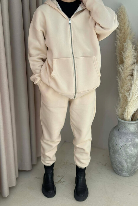 SIMPLE HOODED WOMEN FLUFFY SET CREAM/KREM - 5